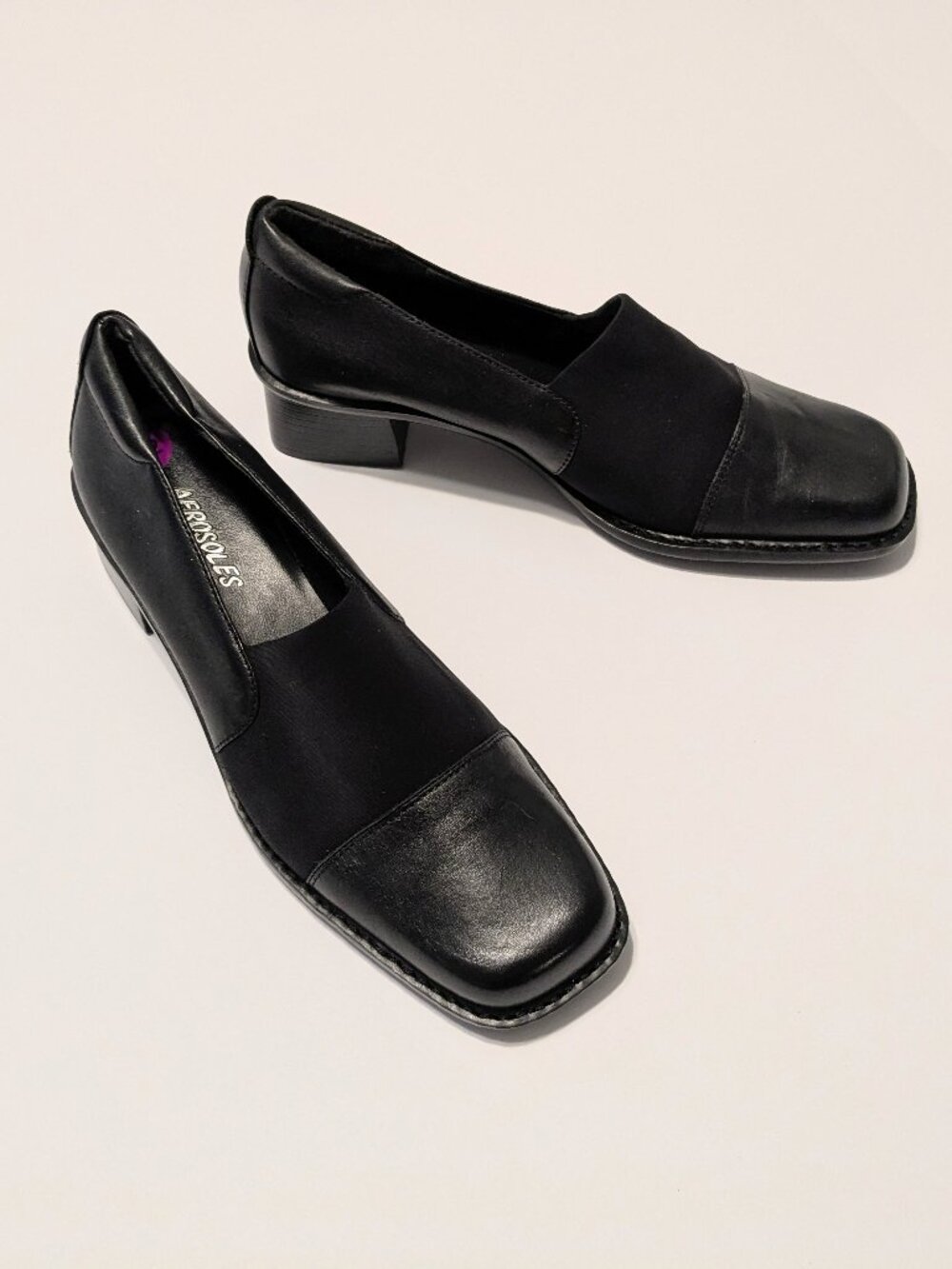 AEROSOLES Black Leather MILKIE Cap Toe Chunky Block Shoes